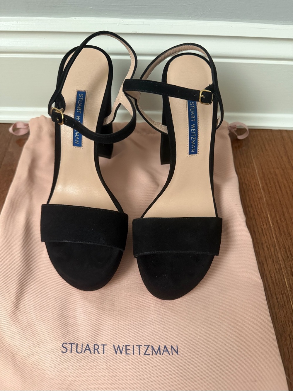 Stuart Weitzman Black Suede Ankle-Strap Block Heels